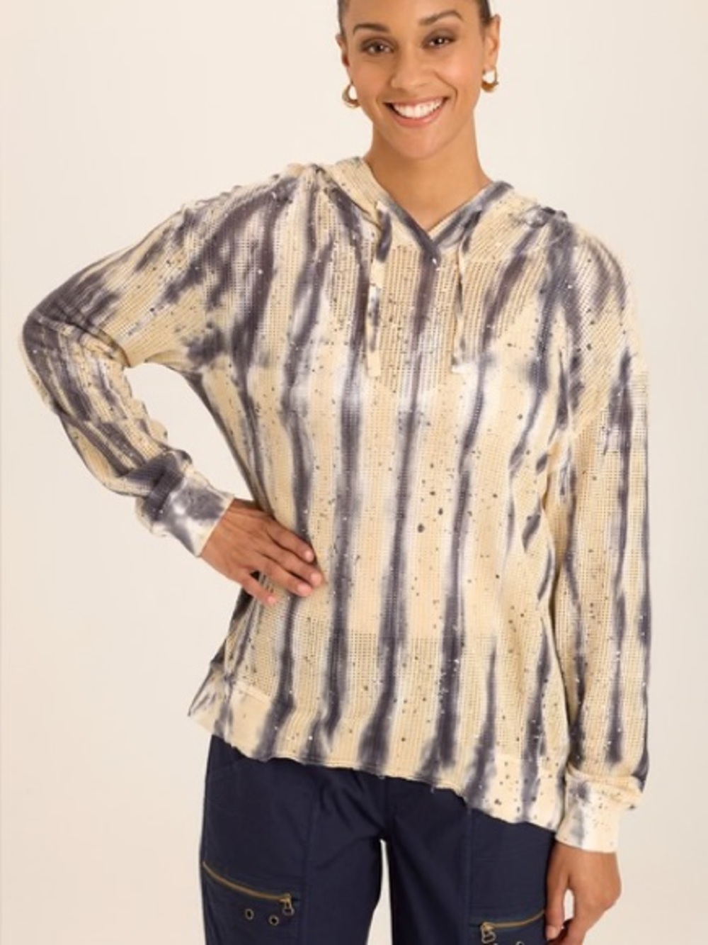 XCVI Wearables Side Mesh Lounge Hoodie Top Flecked Wash Size Large Lagenlook